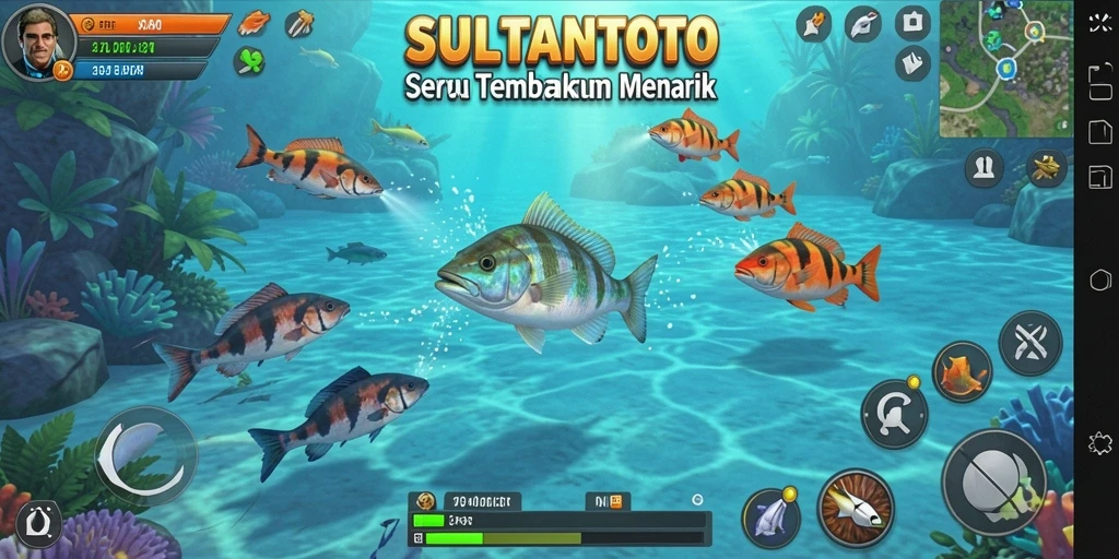 Gameplay seru SULTANTOTO dengan berbagai ikan berwarna-warni.